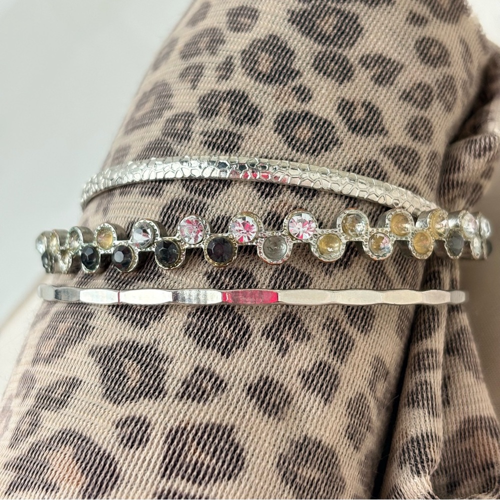 Silver Rhinestone Bangle Stack Vintage Minimalist… - image 2